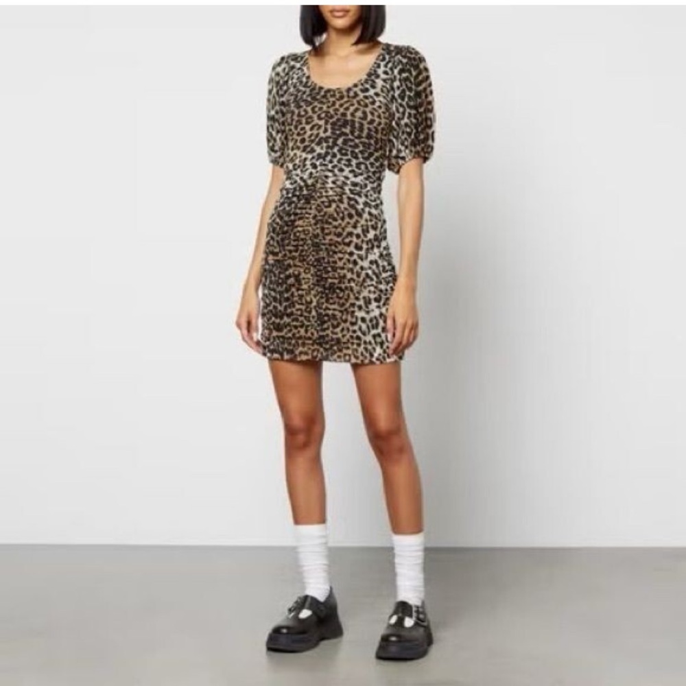 GANNI leopard-print ruched mini dress